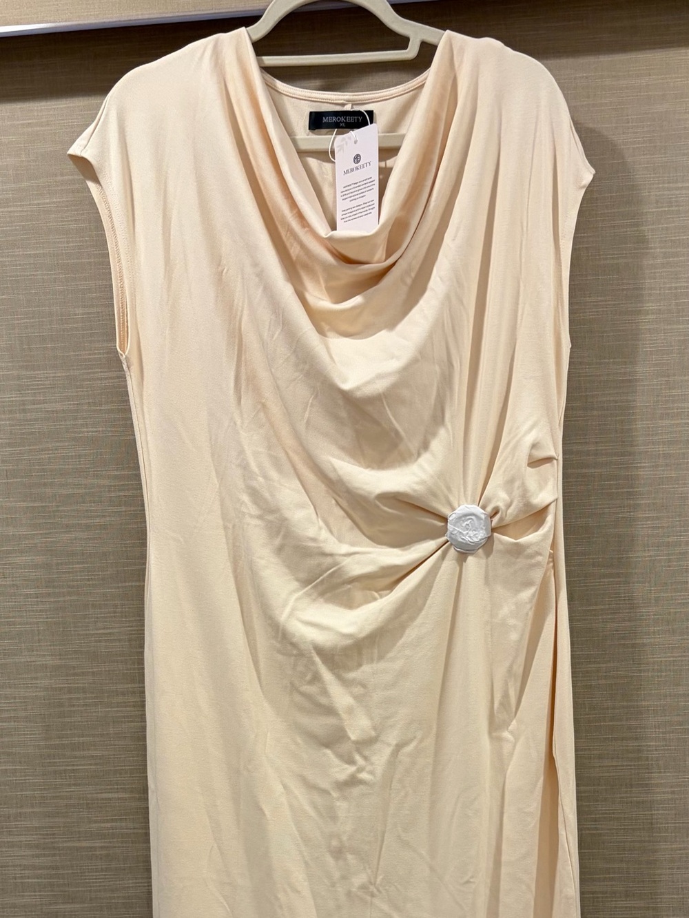 Ming Wang Soft Cream Cowl-Neck Midi Dress with Side Twist